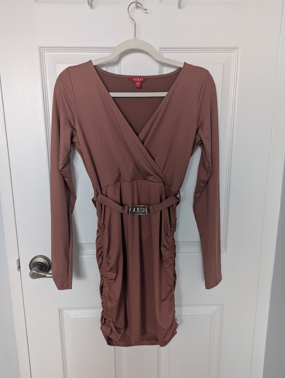 *NWOT* GUESS Blush Long Sleeve Ruched Wrap Dress With Logo Belt